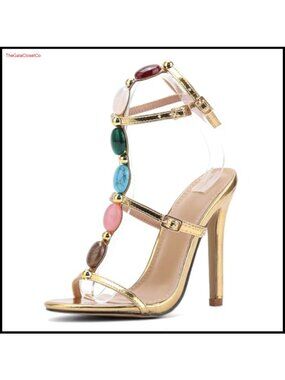 Jewelled Strappy Gold Heels Open Toe Ankle Strap Gladiator Stiletto Sandals